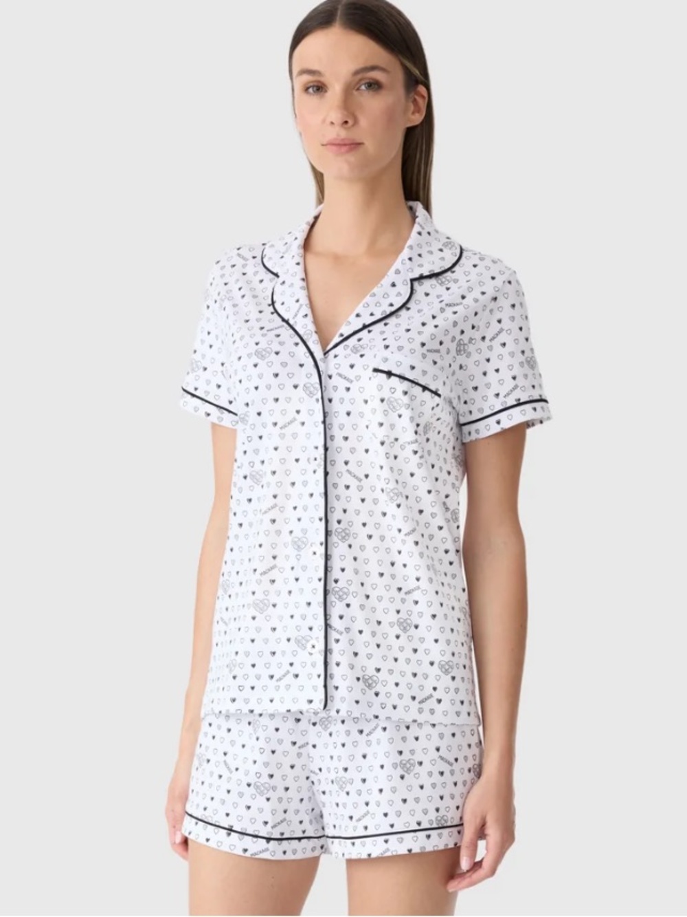 Roller rabbit X MACKAGE collab: Short-Sleeve Notch Heart Print PJ Set - Wht/Blk